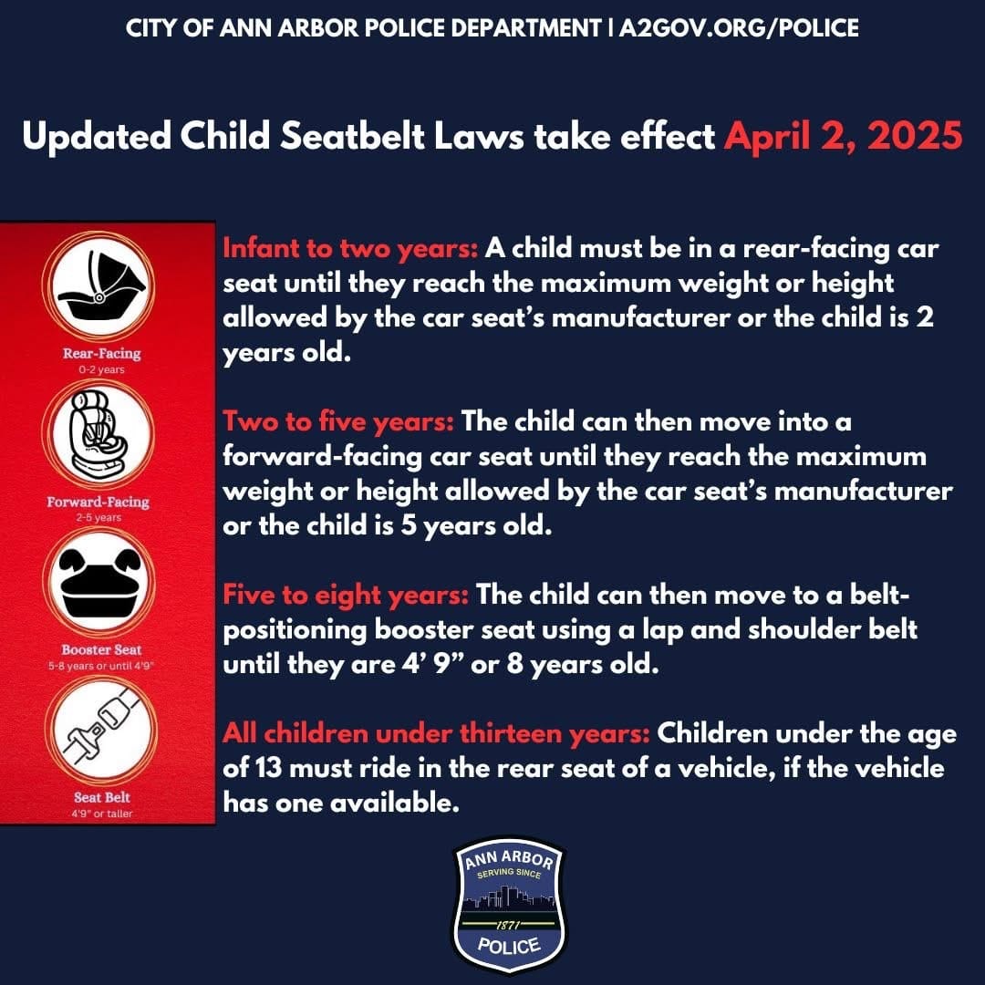 Updated Child Seatbelt Laws provided by Ann Arbor Police