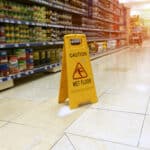 Wet grocery store aisle with yellow caution sign warning of slippery floor — a typical hazard in slip and fall premises liability cases.