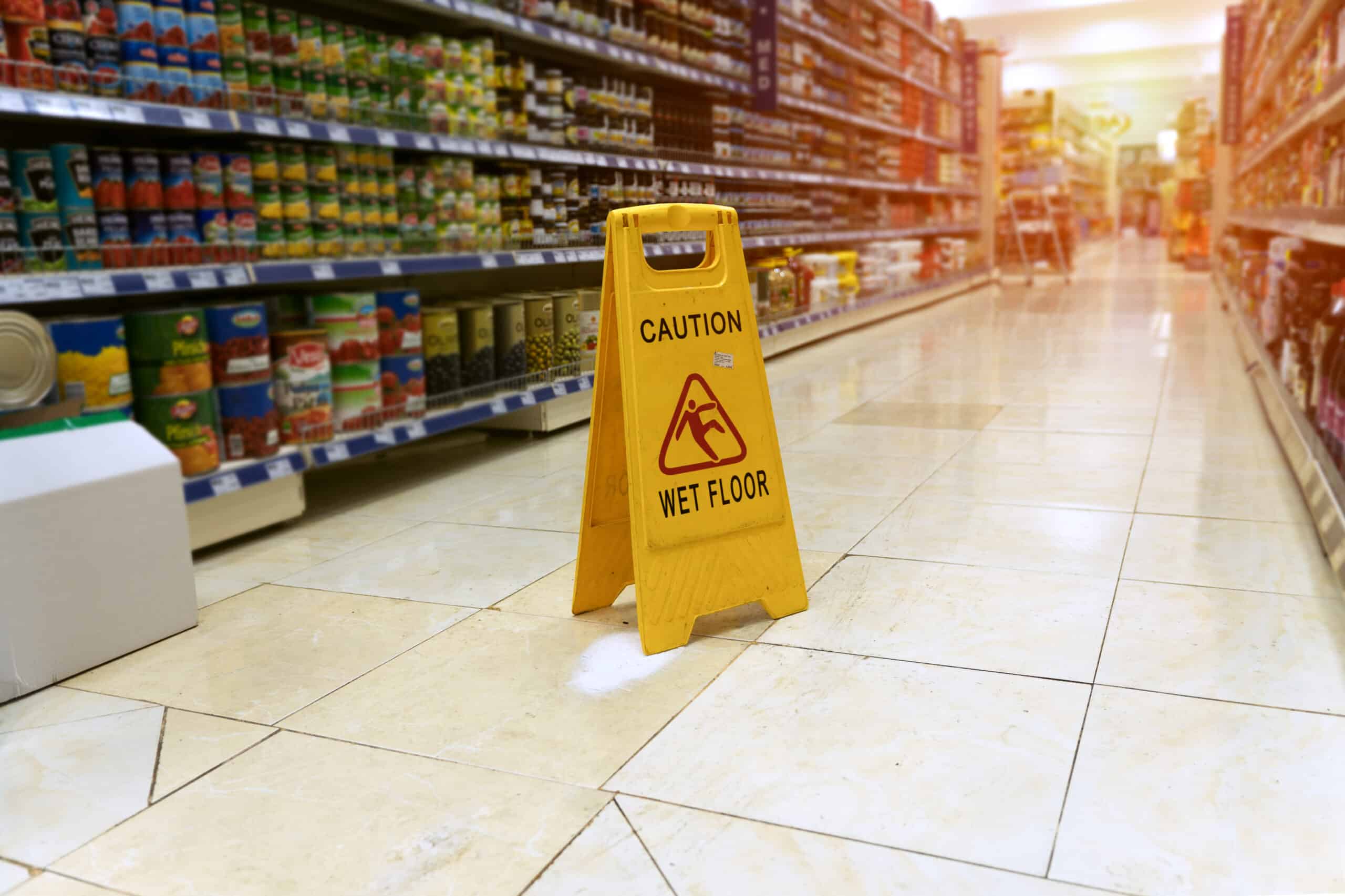 Wet grocery store aisle with yellow caution sign warning of slippery floor — a typical hazard in slip and fall premises liability cases.