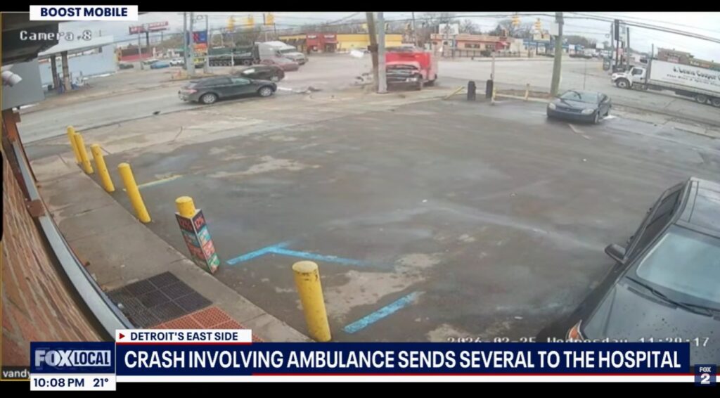 An ambulance in Detroit crashed into a car. Video Credit: Fox 2 Local